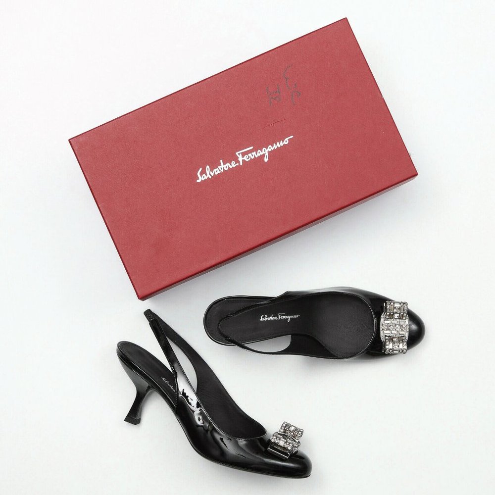 Salvatore Ferragamo Sernio Black Patent Leather Slingback Pumps - Size 7.5 B - Picture 1 of 6